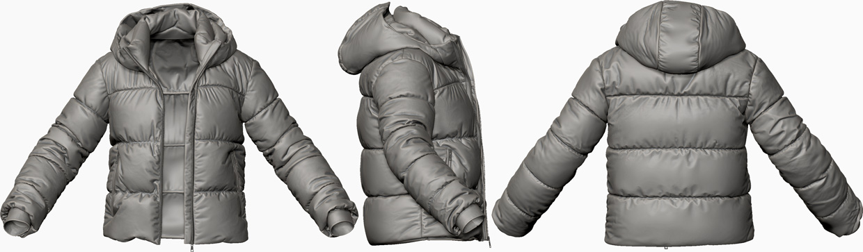 ZBrush screenshot of female puffer jacket 3D model with multiple subdivisions